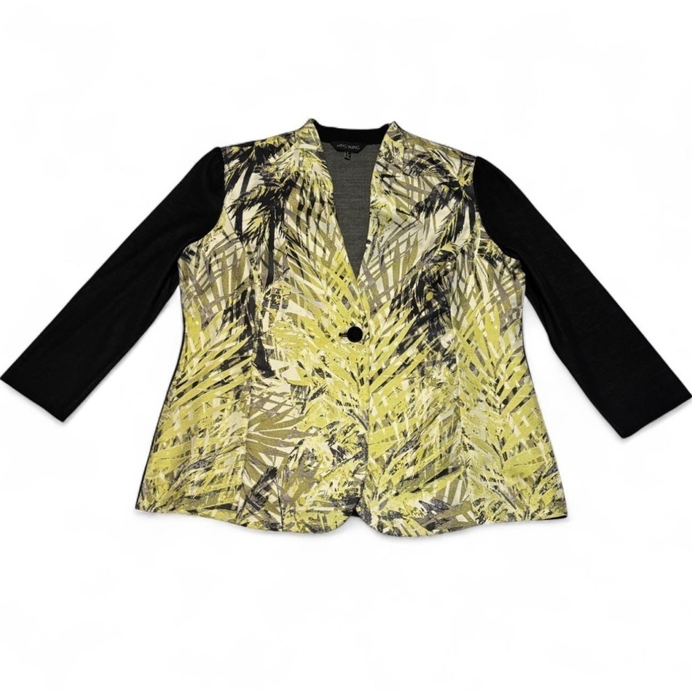Ming Wang Blazer Jacket L Yellow Black Palm Print 3/4 Sleeve Stretch Knit Career - Picture 2 of 7